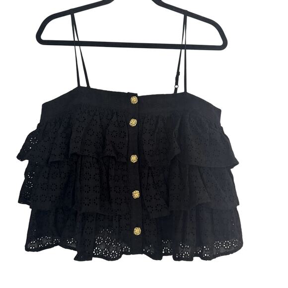 EUC VICI WOMENS BLACK LACE GOLD BUTTONS Ruffle BLOUSE COTTAGECORE GARDEN - Picture 1 of 5